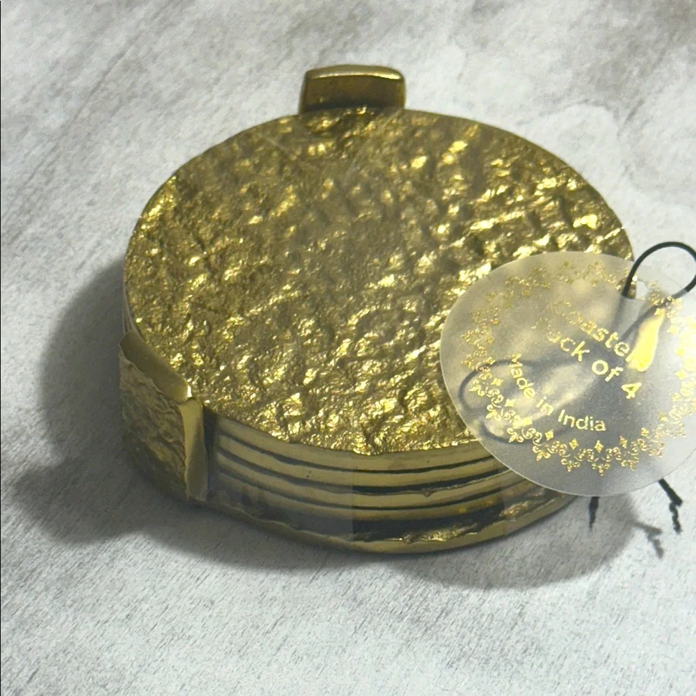 Gold Textured Hammered Metal Round Coaster Set of 4 on Standard India D 3.75